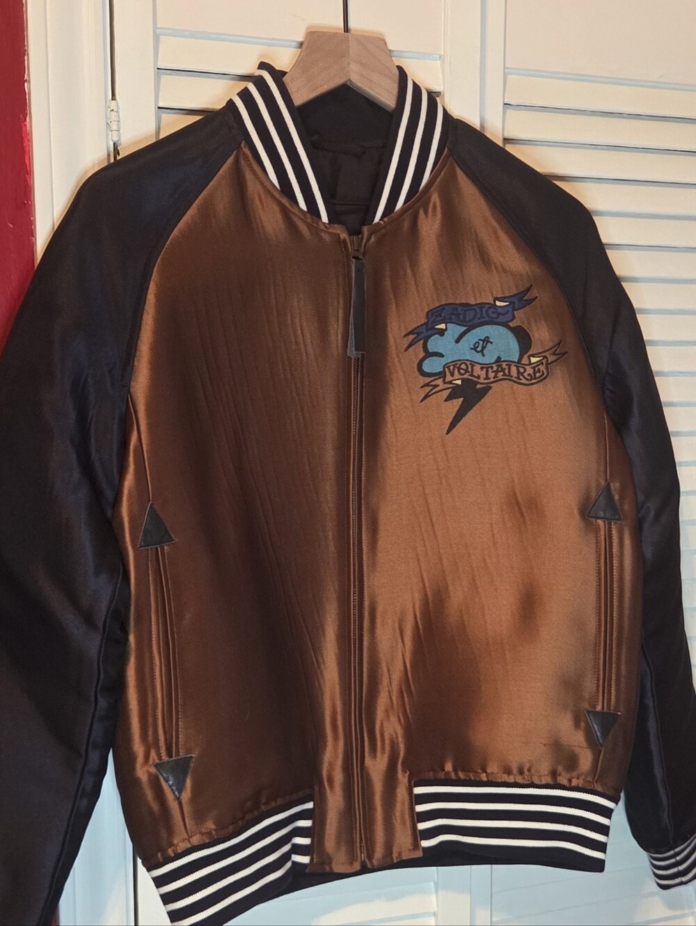 Zadig & Voltaire Satin Bomber Jacket in Brown and Black with Graphic Back -Sz SM - Picture 7 of 13
